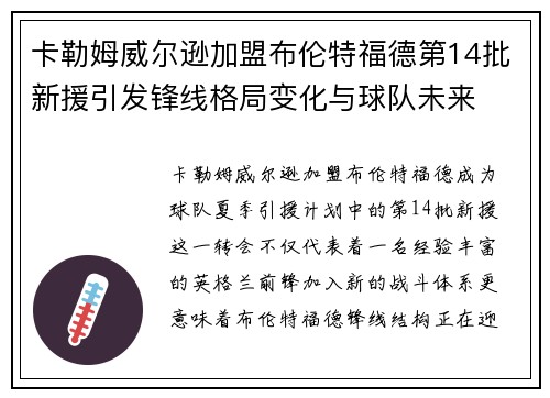 卡勒姆威尔逊加盟布伦特福德第14批新援引发锋线格局变化与球队未来 卡勒姆威尔逊加盟布伦特福德第14批新援引发锋线格局变化与球队未来